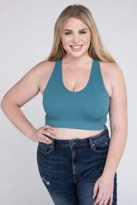Zenana Plus Cropped Ribbed Slim Fit Scoop Neck Racerback Tank Top in 5 Colors - Picture 1 of 29