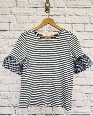 Copper Key Navy Striped Blouse Sz Nautical Lace Tie Back Ruffle Nautical Boho - Image 1 of 4