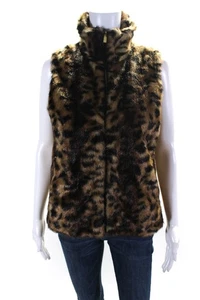 Calvin Klein Womens Faux Fur Animal Print Zipped Collared Vest Brown Size PS - Picture 1 of 5
