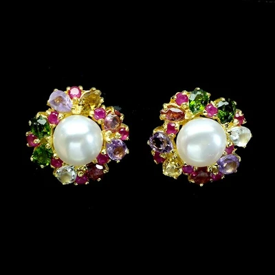 Pendientes de plata de ley 925 turmalina ovalada 4x3 mm rubí perla piedras preciosas joyería Foto 1 de 4