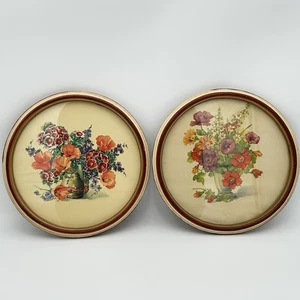 ZWEI Vintage gerahmte runde Kunstdrucke Jo Roelofs Blumenvasen - Bild 1 von 7