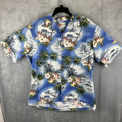 Винтажная гавайская рубашка Hilo Hattie для взрослых очень большая с синими волнами на пуговицах сделано в США - Изображение 1 из 4