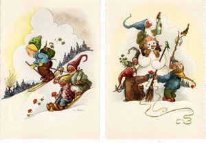 Gnomes Skiing & Celebrate w/ Snowman-Signed Artist-Vintage Fantasy Art Postcards - Picture 1 of 2