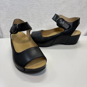 Dansko Sandals Womens 40 US 9.5-10 Black Leather Tiana Wedge Comfort Ankle Strap - Picture 1 of 13
