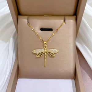 Edelstahl Damen Halskette Libelle Anhänger Frauen Schmuck Kette Gold Zirkonia - Bild 1 von 4