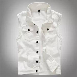 Mens Slim Casual Sleeveless Buttons Vest Denim Short Jacket Coat White Waistcoat - Picture 1 of 5