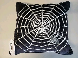 Halloween Spiderweb Throw Pillow Black Soft Velvety Beaded 16x16 Hypoallergenic  - Picture 1 of 13