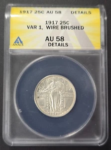 1917 Type 1 Standing Liberty Quarter 25c ANACS AU58 Details (G755) - Picture 1 of 4