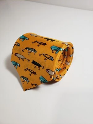 Antigua corbata azul marino 57" naranja señuelos de pesca ganchos motivo 100 % seda Foto 1 de 4