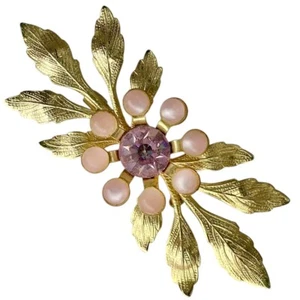 PINK RHINESTONE FLORAL PEARL BROOCH PIN MCM MOD VTG ORNATE WHIMSICAL SHABBY CHIC - Picture 1 of 10