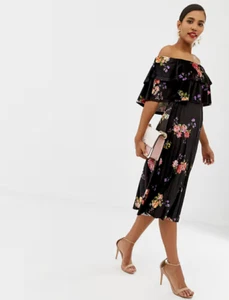 ASOS Floral Stretch Velvet Off the Shoulder Double Ruffle Pleated Midi Dress 4 - Picture 1 of 5