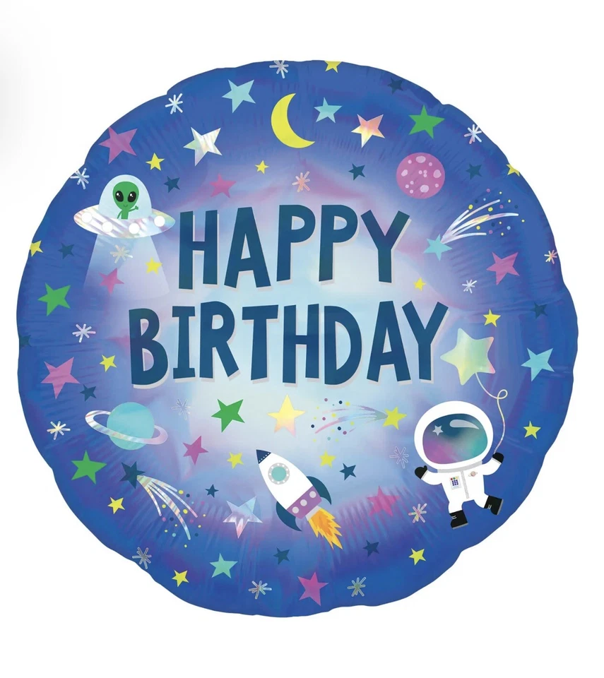 Globo Espacial Exterior 18"" Nave Espacial Alienígena Planeta Estrellas Astronauta Feliz Cumpleaños Foto 1 de 1