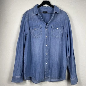 True Religion Shirt Men’s XL Blue Denim Button Up Long Sleeve Pearl Snap - Picture 1 of 6