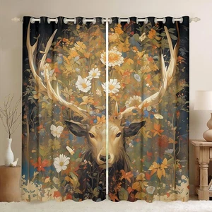 Deer Antler Window Curtains,White Daisy Flowers Wildlife Kitchen Window Treat... - Picture 1 of 7