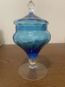 Vintage MCM Empoli Blue Art Glass Covered Compote  7.5” Tall - Picture 1 of 9