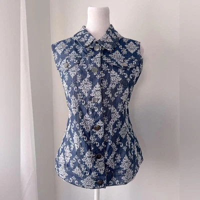 Chaleco de Colección Y2K Baccini Azul Marino y Blanco Denim Estampado Flor de Lis Cuello Foto 1 de 4