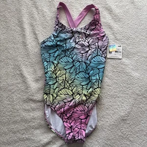 NWT PUMA Girl's Large Crossback One Piece AOP Swimsuit Lilac Chiffon - Picture 1 of 5