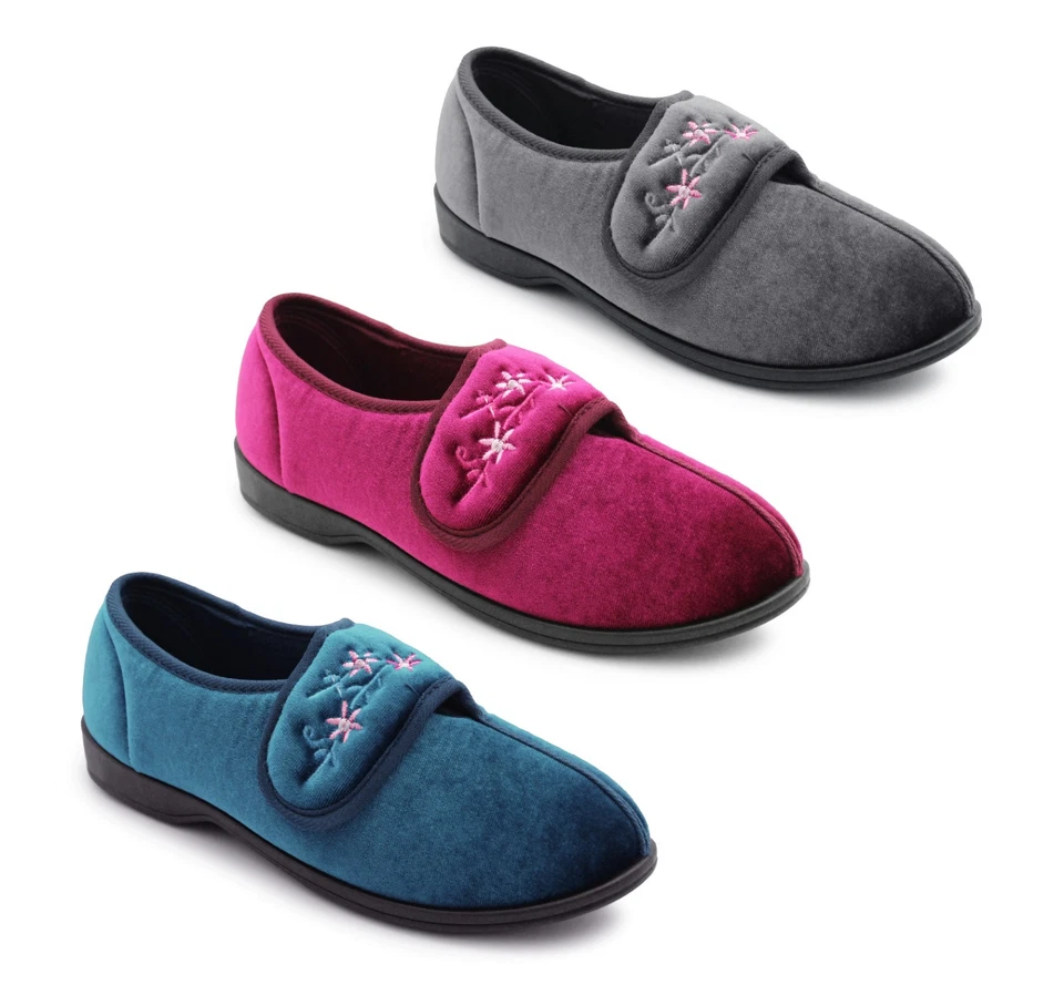 JO & JOE Womens Touch Fasten Slippers Wide Opening Diabetic Ladies Velour House Shoes