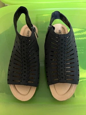 earth Women’s etHana 3 Black Zip Side  Sling Wedge Open Toe Shoes Sz 8.5  NWOB - Image 1 of 4