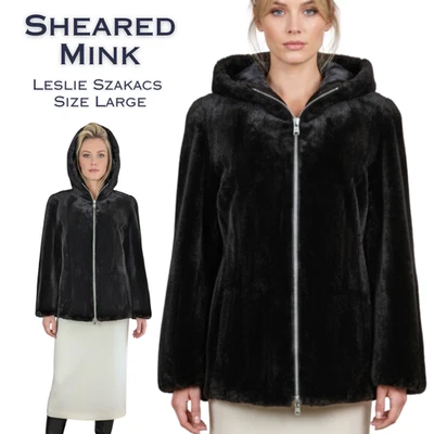 Abrigo Parka con Capucha Visón Esquilado Grande Negro Informal Lujo Personalizado Leslie Szakacs Foto 1 de 4