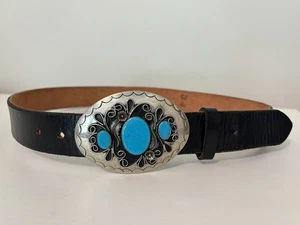 Hebilla de cinturón alemana plateada y turquesa genuina forma ovalada con cinturón de cuero - Imagen 1 de 11