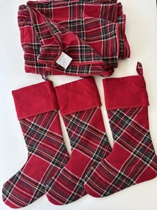 William Sonoma 3 red plaid Christmas stockings and tablecloth linen blend - Picture 1 of 5