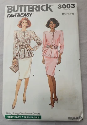 Butterick 3003 Blouse Top & Fitted Skirt Sewing Pattern Size 18-22 Uncut 1988 - Image 1 of 4