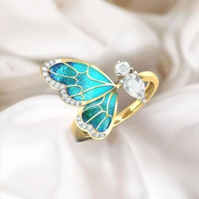 Anillo Cristal Mariposa Esmalte Azul - Ajustable Mujer Moda Joyería Regalo Foto 1 de 4