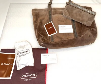 Coach Cocoa Suede Leather Handbag & Wallet Set  / Top Straps W/ Beaded Accents - Image 1 of 4