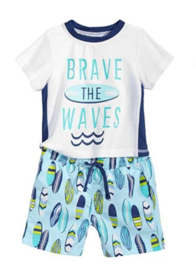 FIRST IMPRESSIONS INFANT 2PC BRAVE THE WAVES RASH GUARD SWIM TRANKS UPF 50 18M - Image 1 of 4