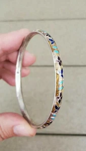 Vintage 925 Enamel Flower Bangle Cuff Bracelet 925 - Picture 1 of 12