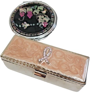 Mother of Pearl Double Mirror Compact + Pearlized Breast Ribbon Lipstick Case - Picture 1 of 24
