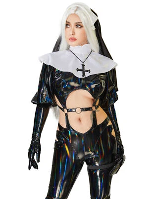 Nun Cosplay Costume Halloween Gothic Nun Cutout Bodysuit Jumpsuit  - Image 1 of 4