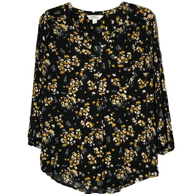 Top para mujer Market & Spruce talla 1X azul marino con estampado de flores cuello en V manga larga Foto 1 de 4