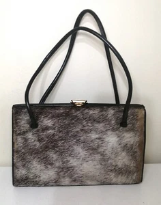 Vintage WALDYBAG Handbag Black Leather & Faux Fur Suede Lining - Picture 1 of 11