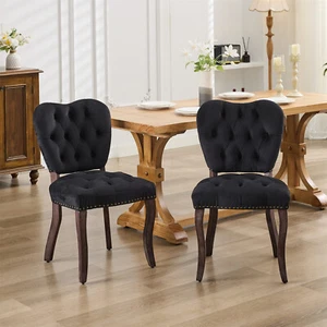 Set of 2 Dining Chair Velvet Upholstered Chair Kitchen Dining Chair w/ Wood Legs - Picture 1 of 60