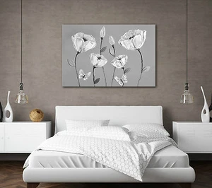 LARGE BEAUTIFUL FRAMED CANVAS GREY WHITE ZEN FLOWERS PAINTING PICTURE NEW PRINT - Picture 1 of 2