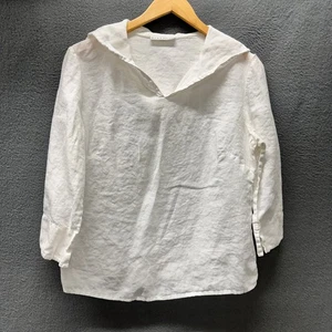 Camicetta Bryn Walker donna piccola lino collo marinaio Lagenlook bianco costiero - Foto 1 di 10