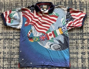 Vintage 90s Cotton Traders USA World Flags Earth All Over Print Polo Shirt Sz L - Picture 1 of 7