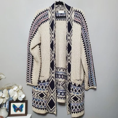 Lucky Brand Cardigan Sweater Size L/XL Oatmeal Tribal Aztec Western Open Front - Image 1 of 4