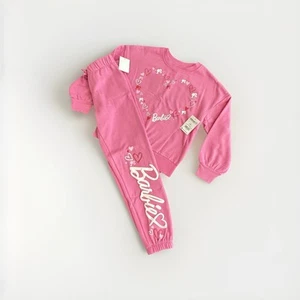 Barbie Pink Fleece Sweatshirt Jogger Pant Outfit Set Heart Logo Girls S 6-6X NEW - Picture 1 of 18