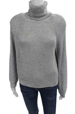 Suéter R+A para mujer tejido metálico manga larga cuello alto plateado talla S Foto 1 de 4