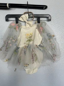 Säugling Baby Mädchen Tüll Strampler Blumenstickerei Prinzessin Body mit Stirnband - Bild 1 von 5