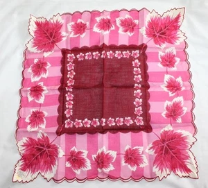 Vintage Hanky Handkerchief ~ Pink and White Leaves with Maroon Center Design - Imagen 1 de 5