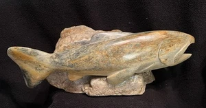 Eddie Omnik Salmon Fish Soapstone Sculpture B.C. Canada 14 1/2" Inuit - Picture 1 of 10