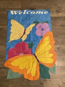 Large Butterfly Flower Welcome Decorative House Flag Polyester 42X29 Doubleside - Picture 1 of 8