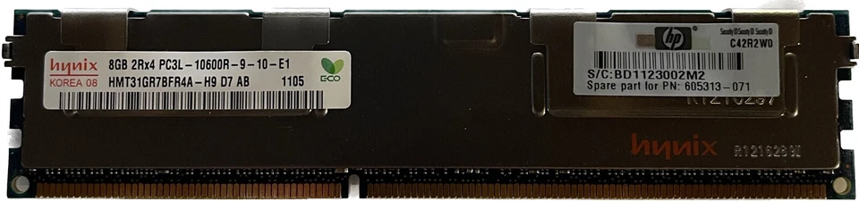 Hynix 8GB PC3-10600 DDR3-1333MHz ECC Registered CL9 240-Pin DIMM - Image 1 of 1