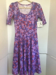 Lularoe Nicole Dress Size XXS Purple Yellow Flowers NWT 3/4 Sleeve - Picture 1 of 2