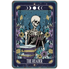 Gothic Witchcraft Aluminum Metal Sign - Book Reading Skeleton Tarot Card