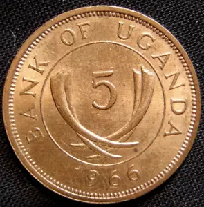Uganda Uncirculated 1966 5-Cents Bronze Coin - Picture 1 of 2